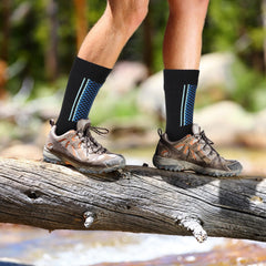 Jeyiour waterproof socks close-up shows water-resistant fabric for dry feet on trails.