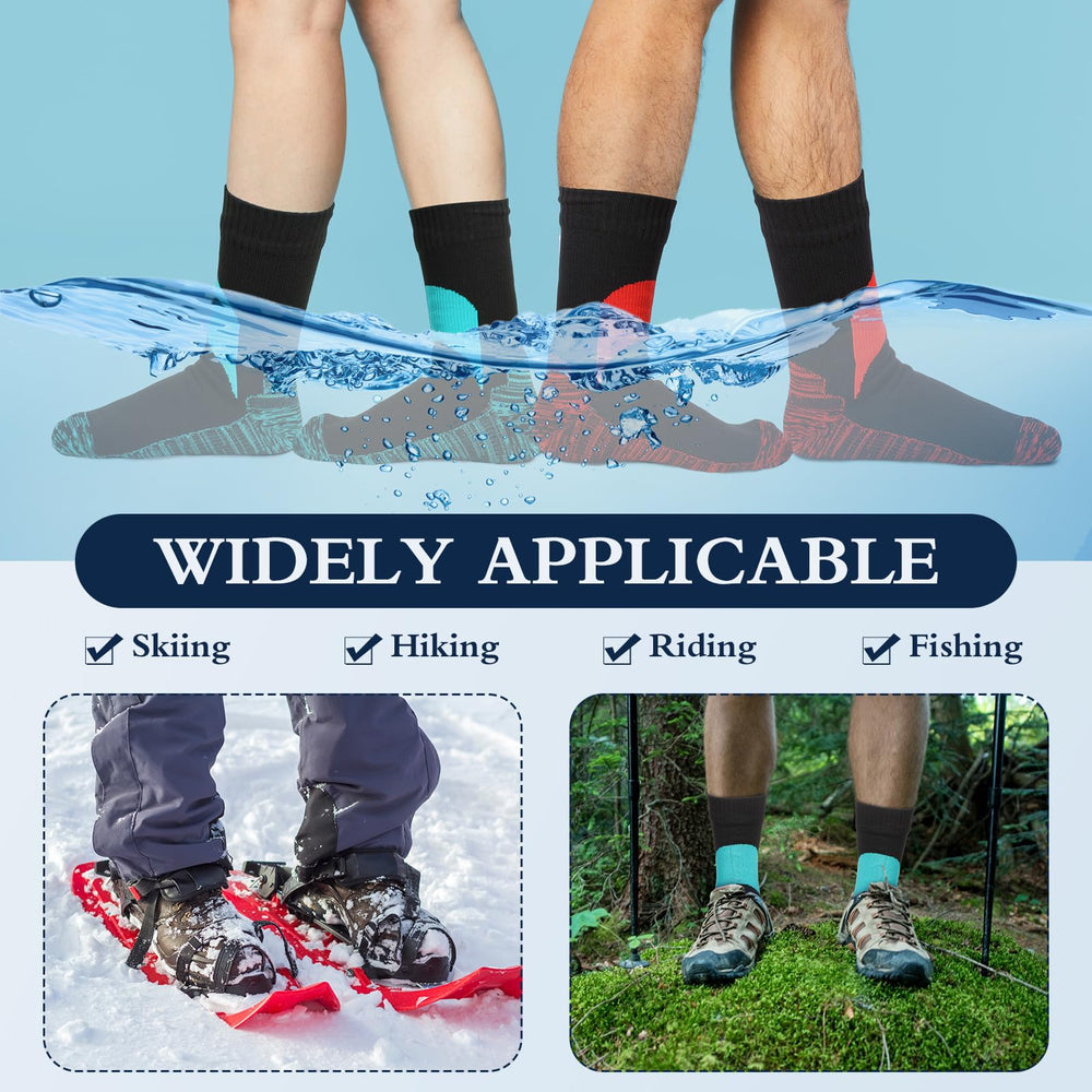 Jeyiour waterproof-socks-outdoor-activities-hiking-skiing illustrates protection during hiking and skiing.