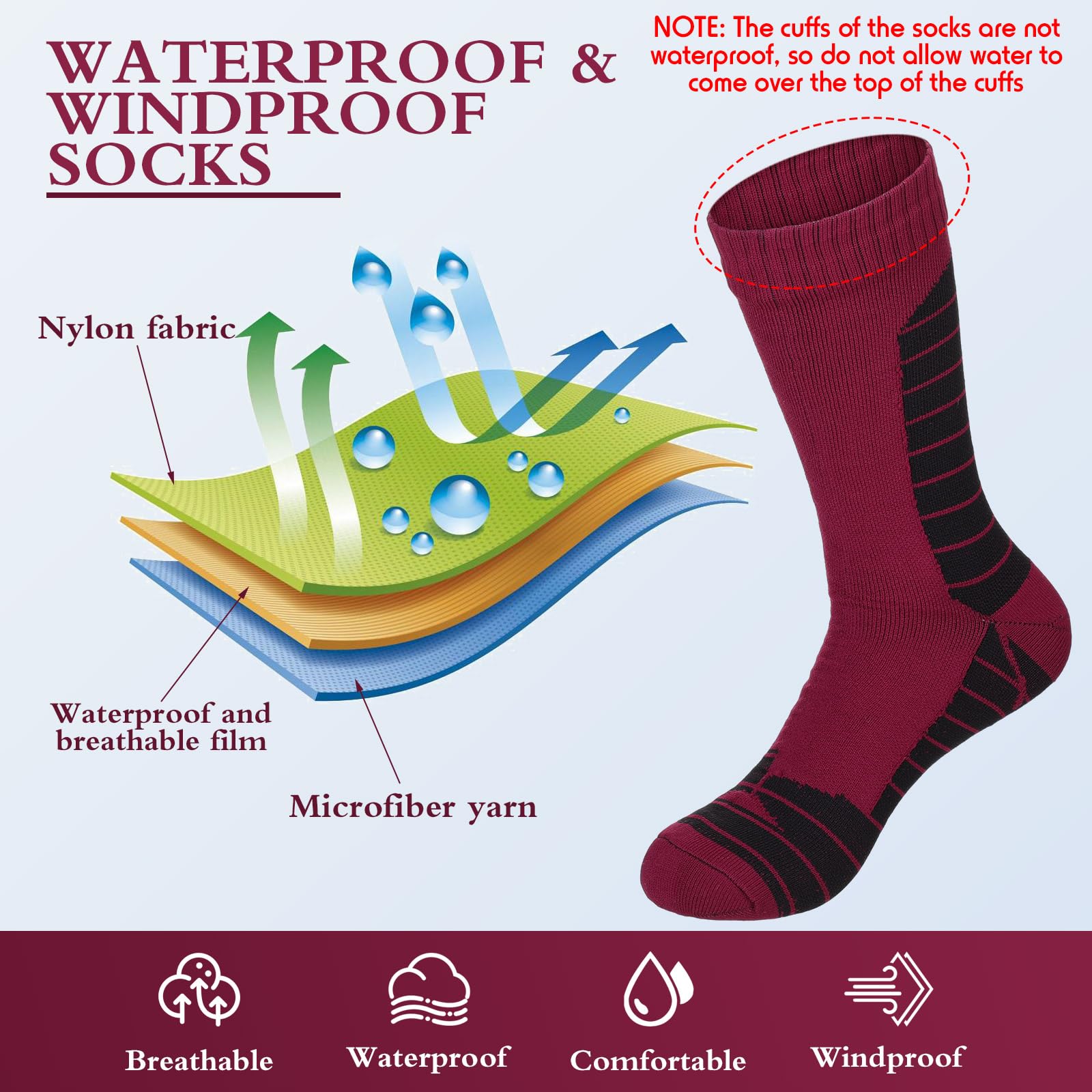 Jeyiour socks image highlights outdoor usage for camping, hiking, and skiing.