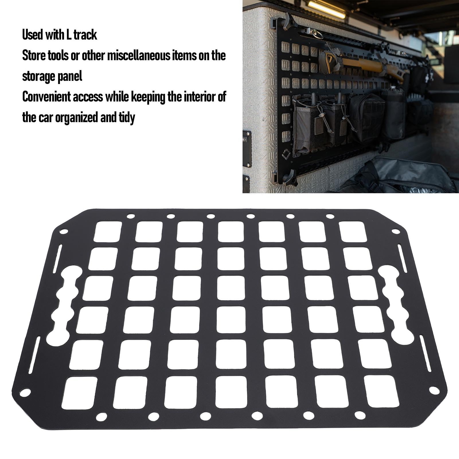 Jiawu MOLLE panel demonstrates L-track compatibility for secure storage.