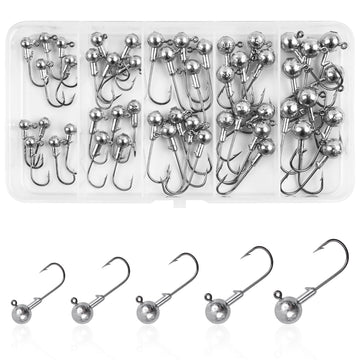 Unpainted round-ball jig heads in a storage box