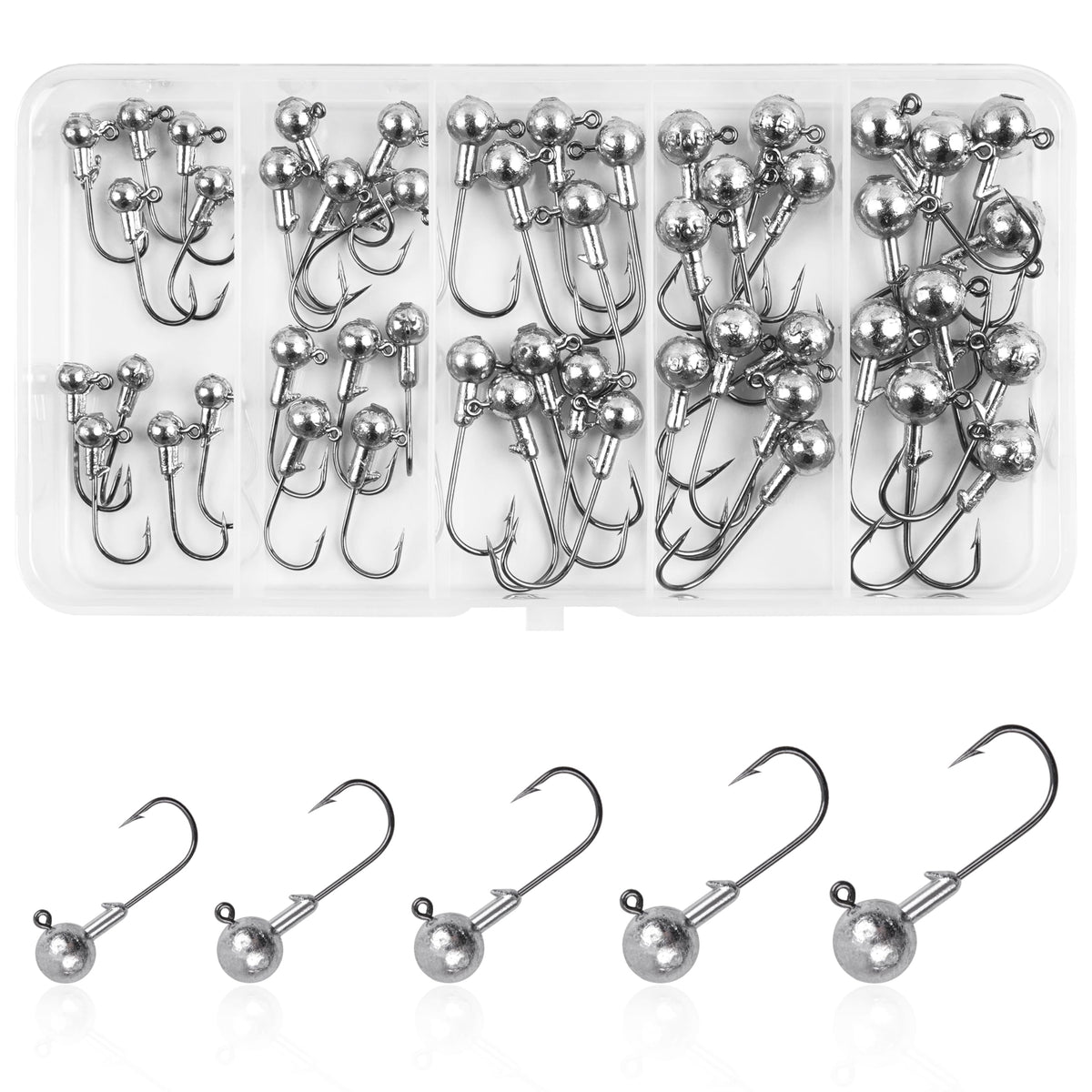 Unpainted round-ball jig heads in a storage box
