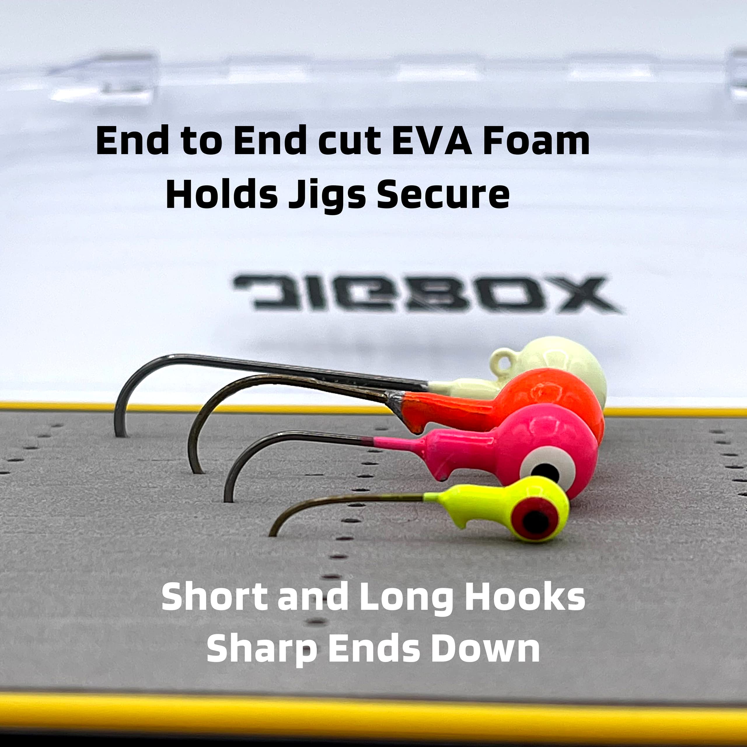 End-to-end EVA foam holds jigs by hook and head
