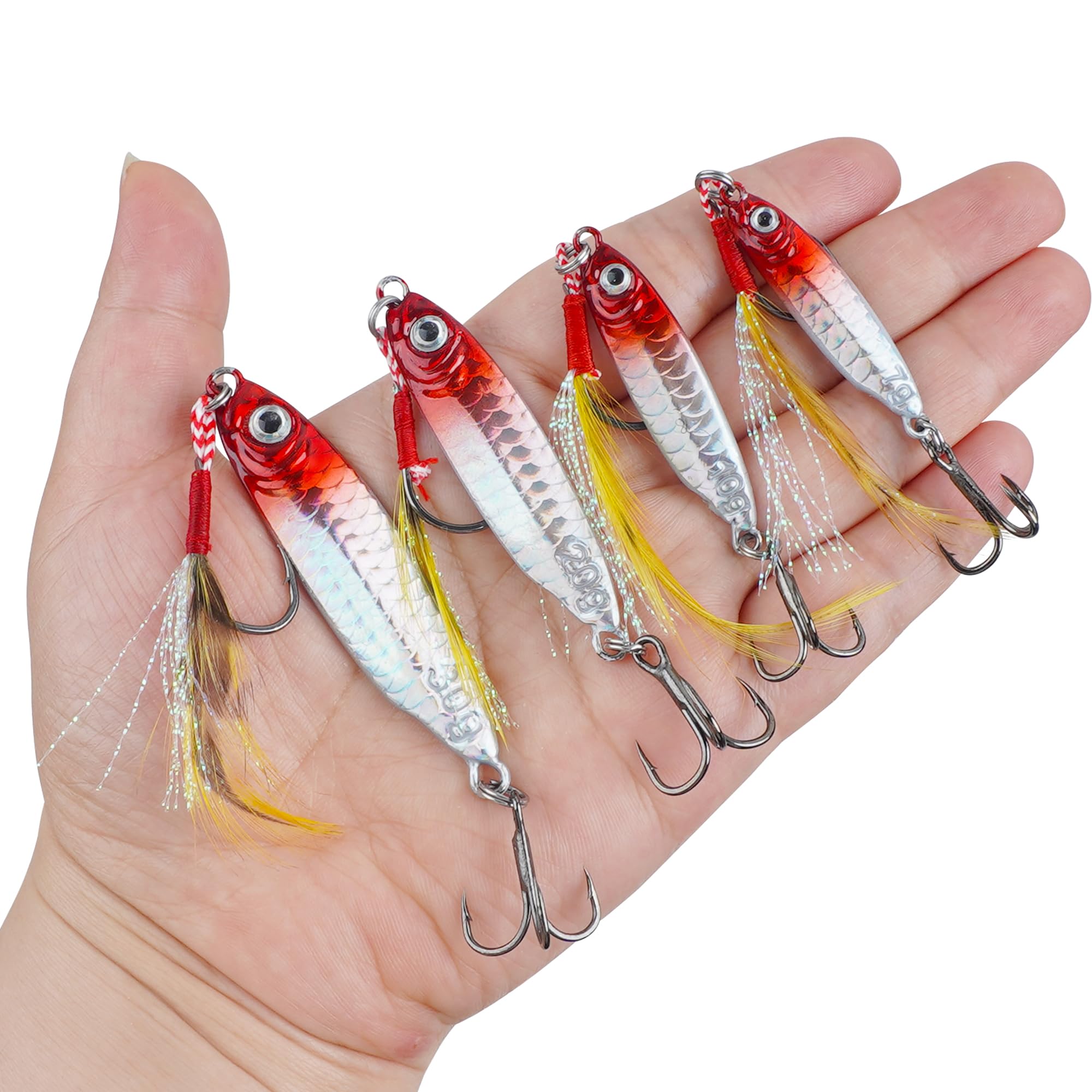 Detailed view of lure with paillette knife design and treble hooks
