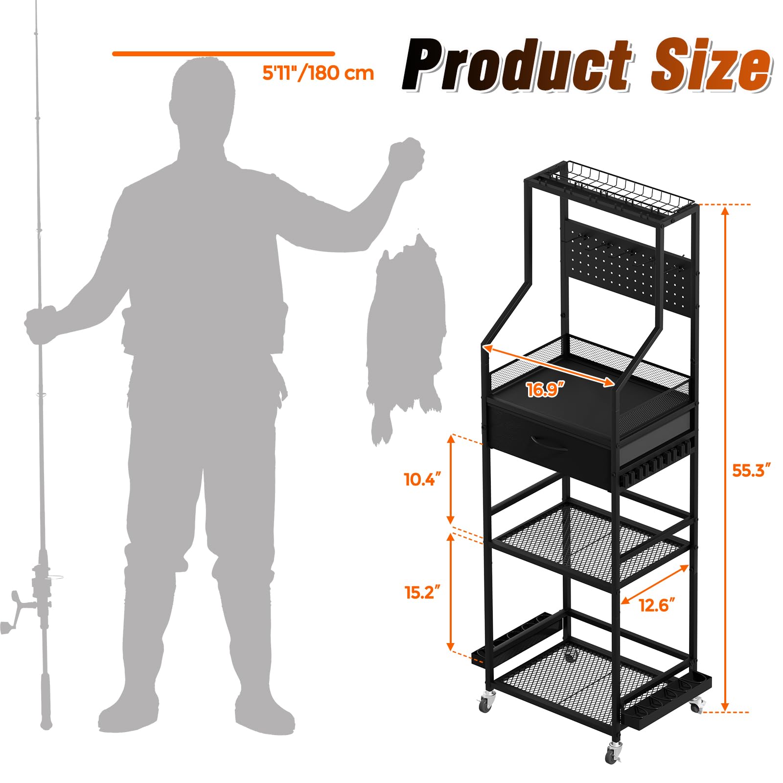 JIRTEMOT 4-tier rod rack storage showcases maximizing space for multiple rods and reels.