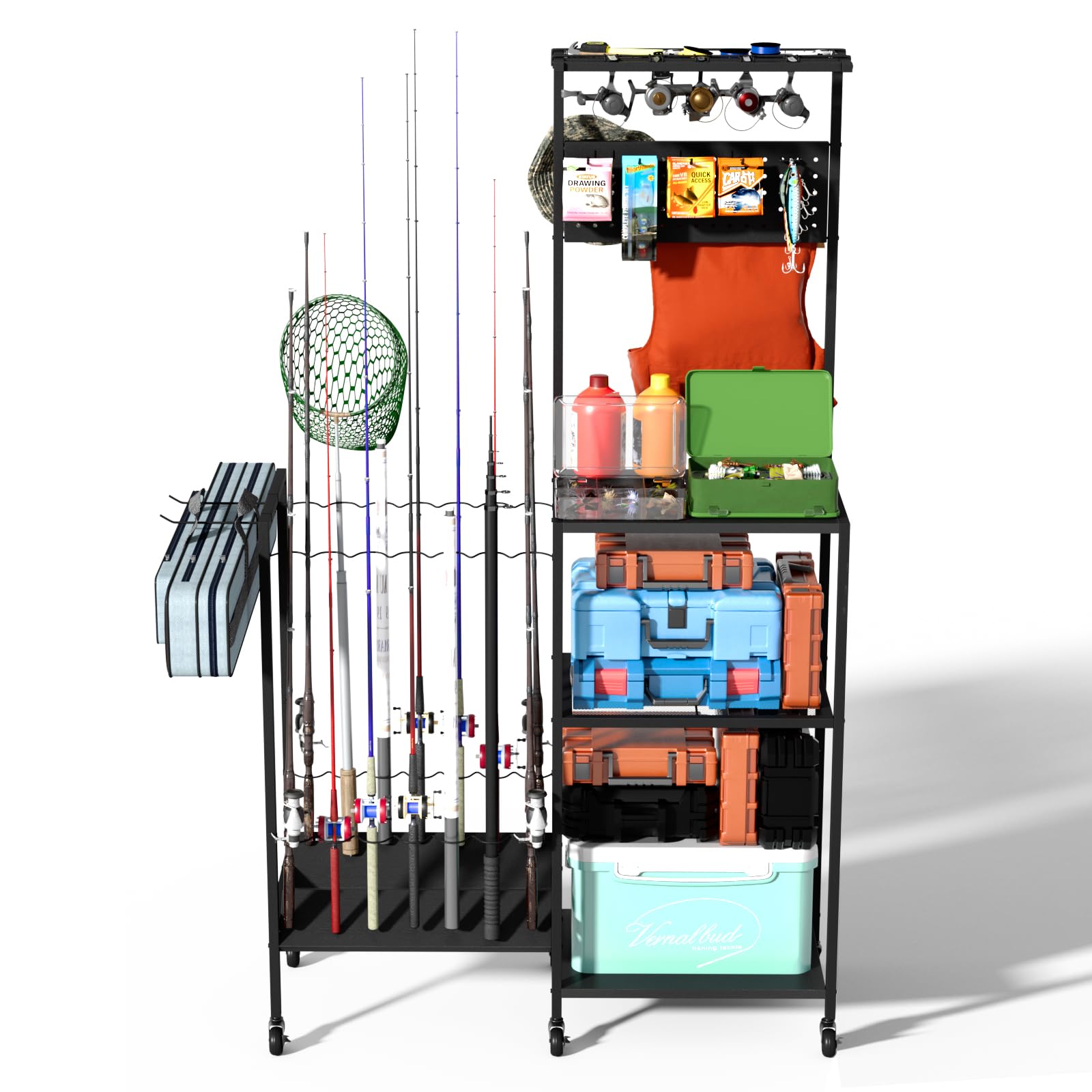 JIRTEMOT Fishing Organizer Cart top view shows rods and reels within easy reach.