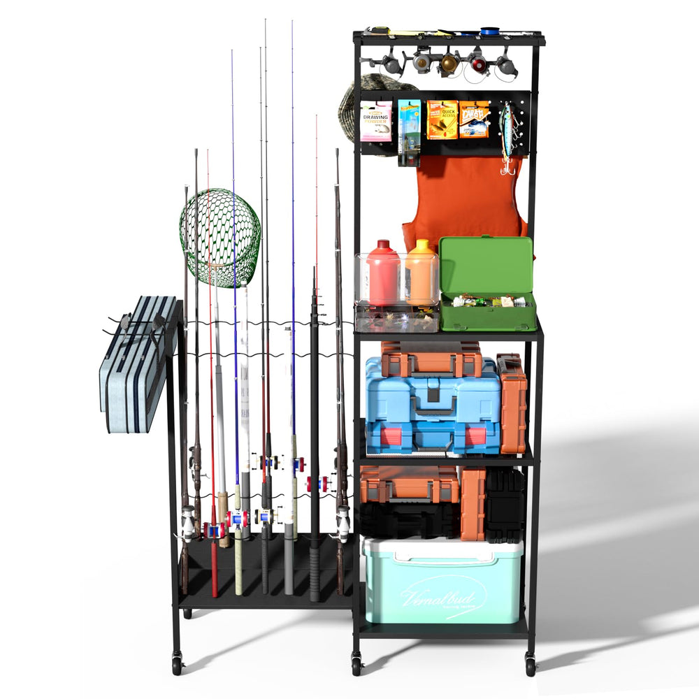 JIRTEMOT Fishing Organizer Cart top view shows rods and reels within easy reach.