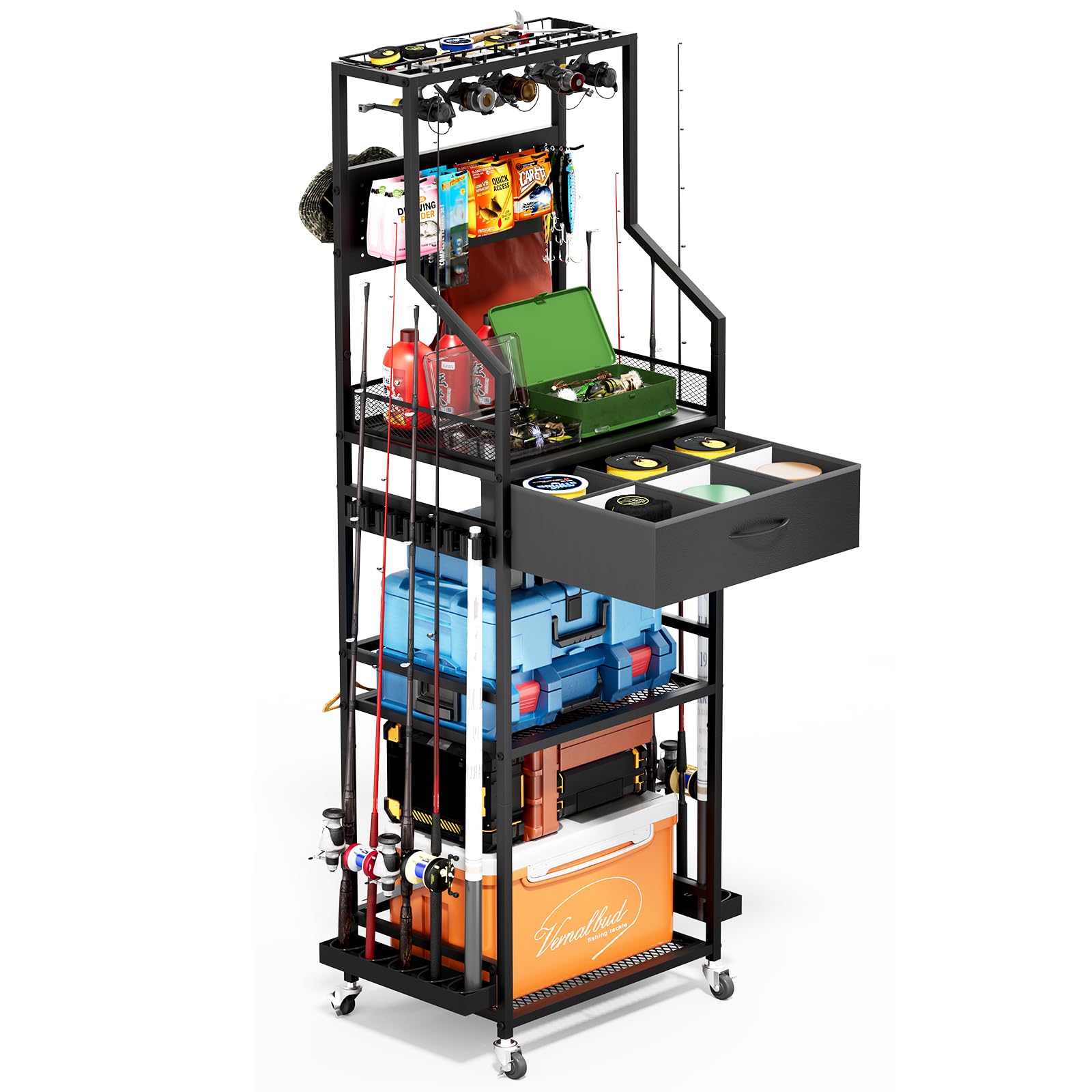 Front view of JIRTEMOT 4-tier fishing rod holder organizer in a garage