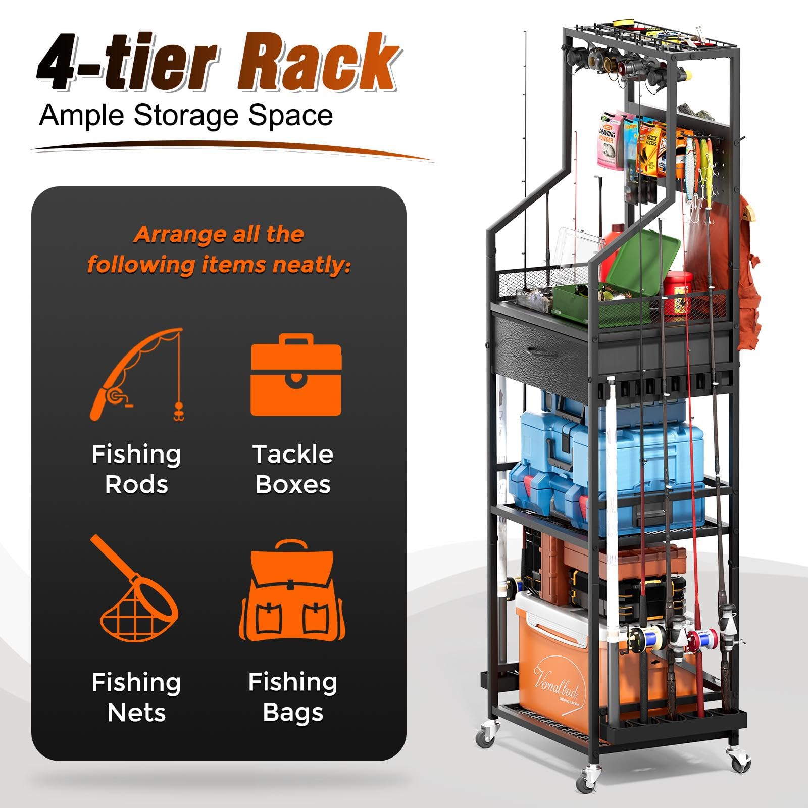 Rack storing 10 fishing rods and 5 reels securely