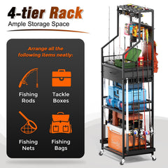 Rack storing 10 fishing rods and 5 reels securely