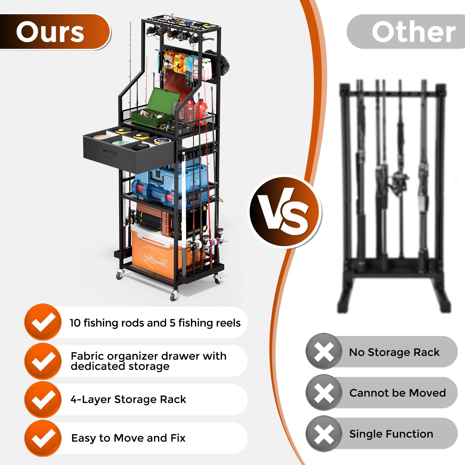 JIRTEMOT vertical hooks maximize wall space for pliers and line spools.