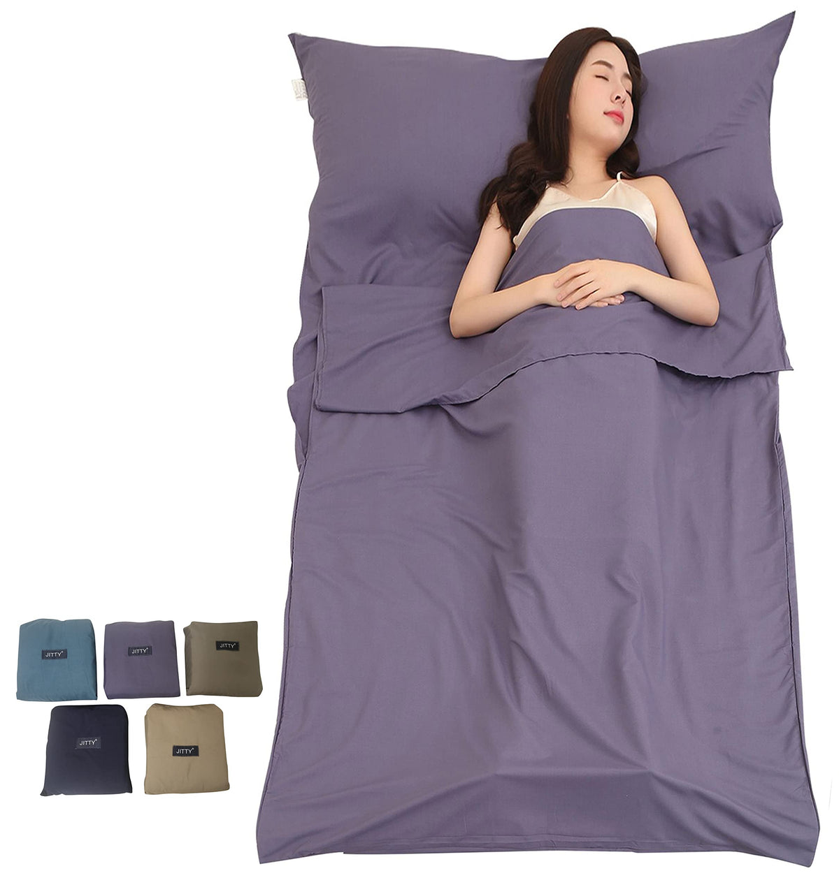 JITTY sleeping bag liner with 33.5-inch opening for easy entry and comfort.