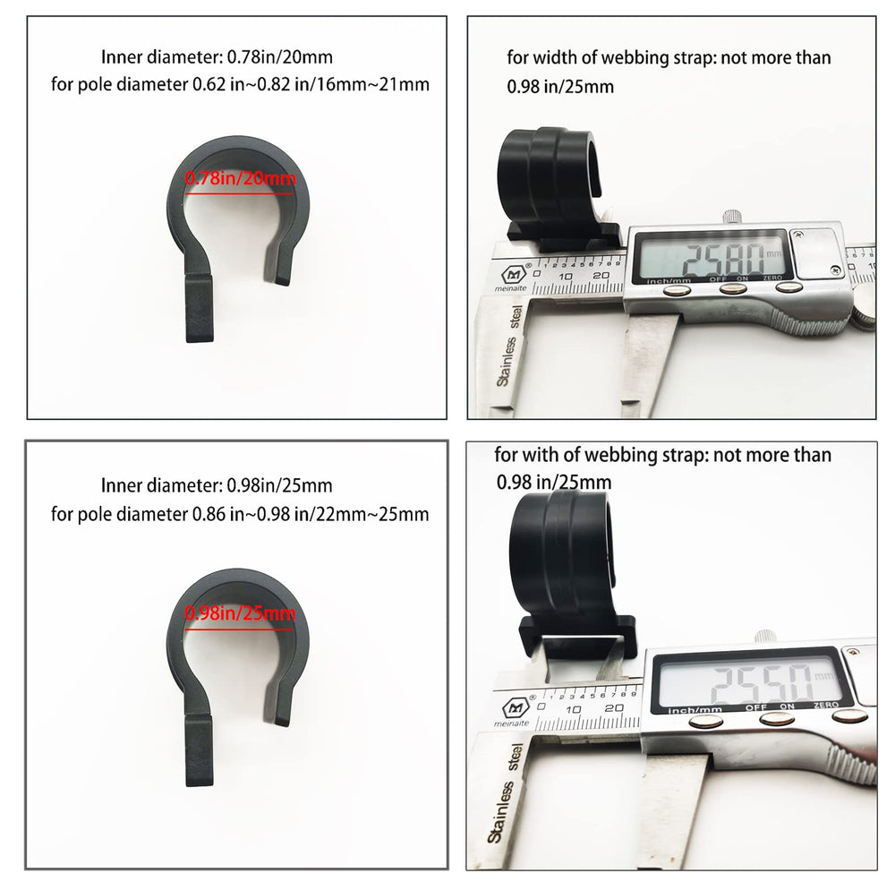 JIUMEI 25mm C-clamp supports wide webbing for secure tent setup.