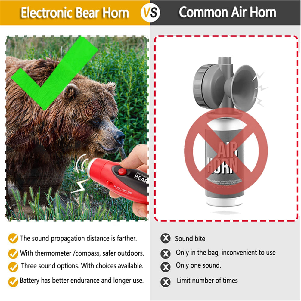 JIUSAIRUI 120dB bear horn showing three sound options for wildlife deterrence.