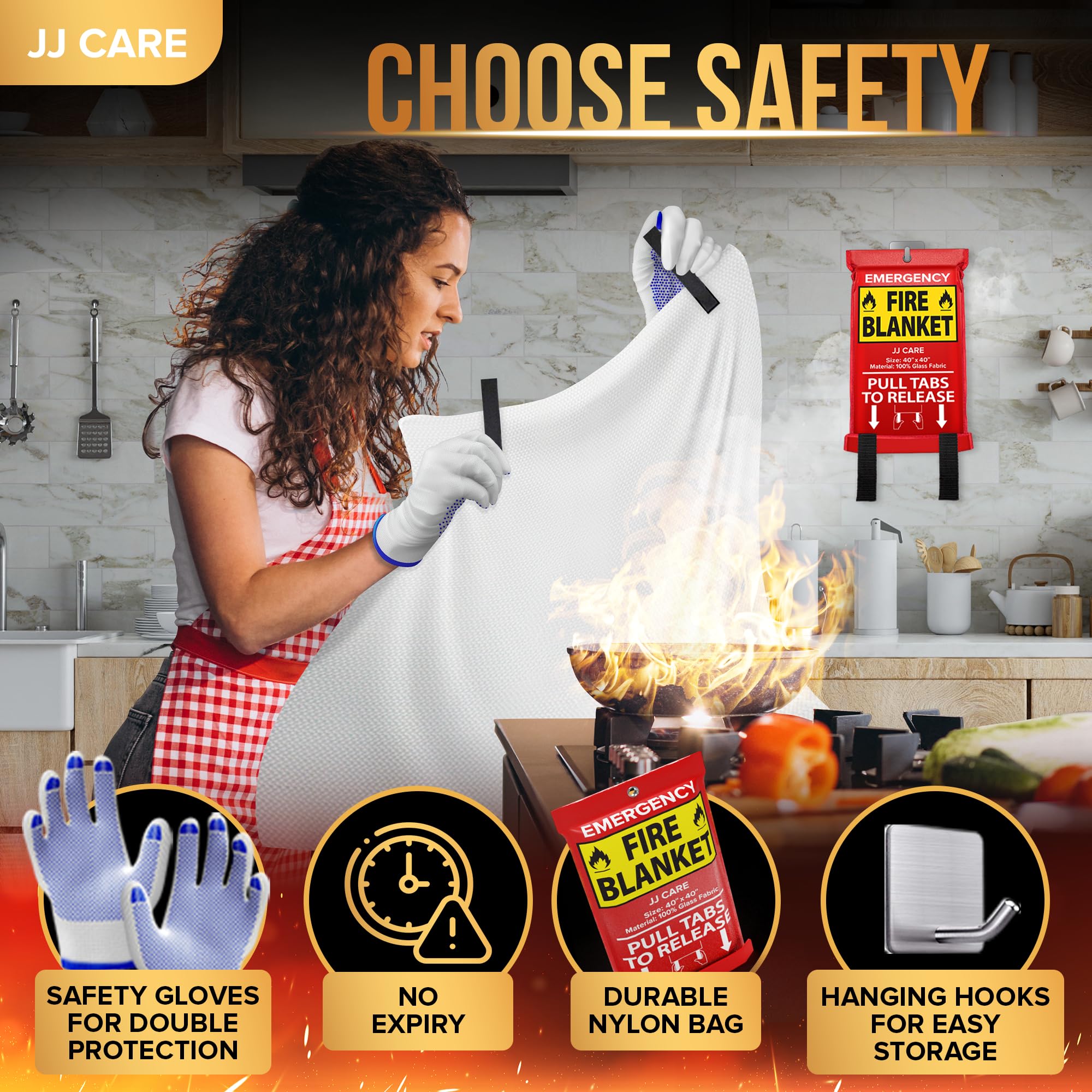 JJ CARE gloves and hooks accompany blanket for quick, mess-free setup