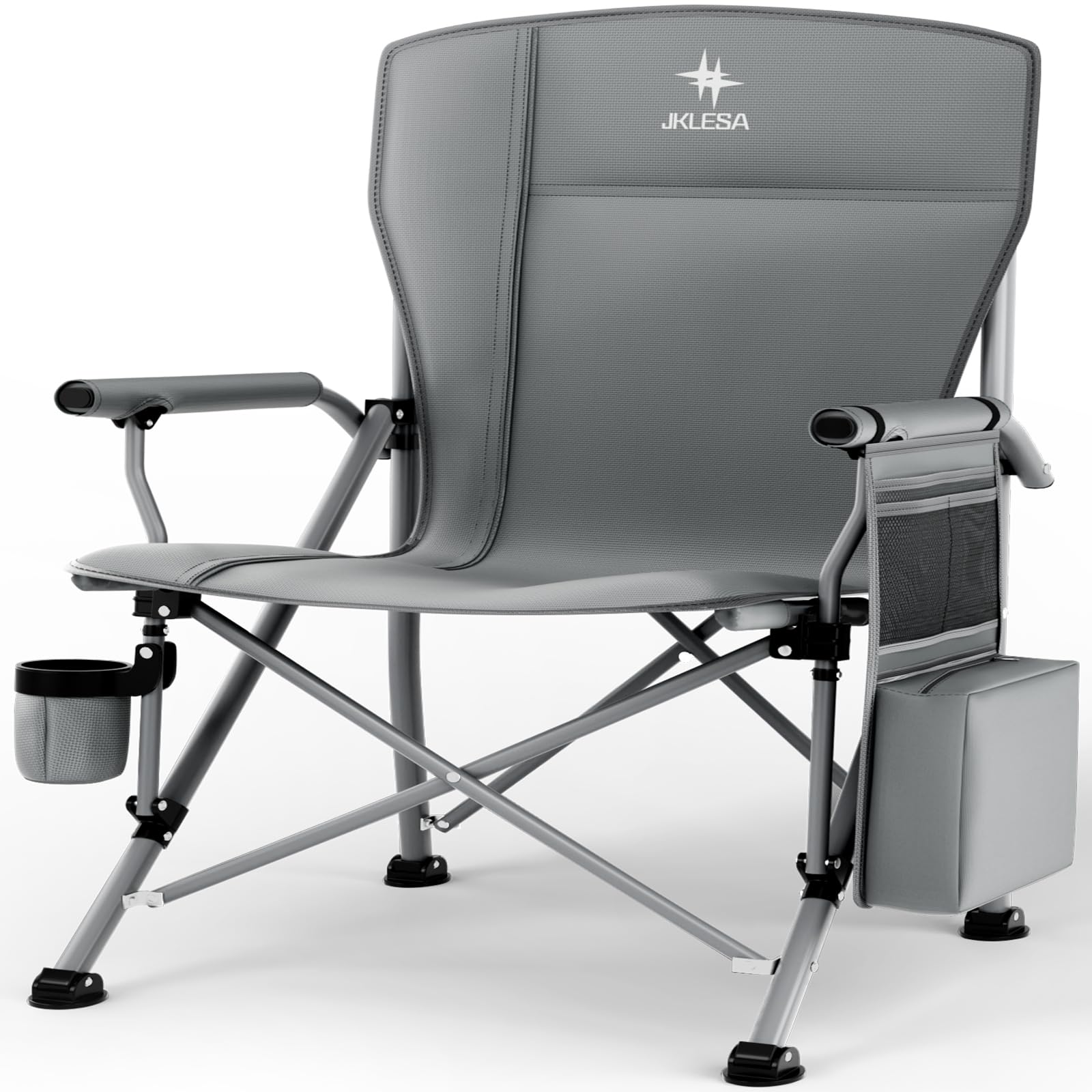 JKLESA XL camping chair front angle shows robust frame and 396lb capacity for reliable all-day seating.
