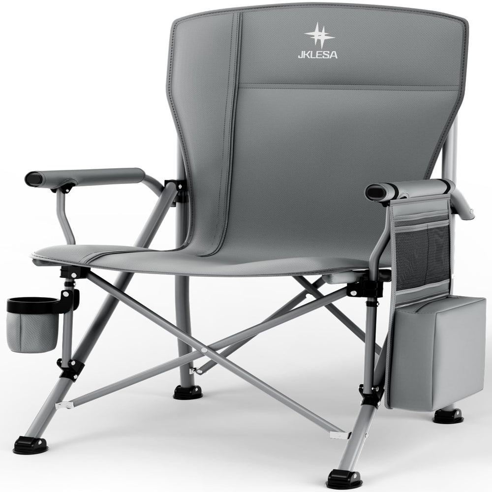 JKLESA XL camping chair front angle shows robust frame and 396lb capacity for reliable all-day seating.