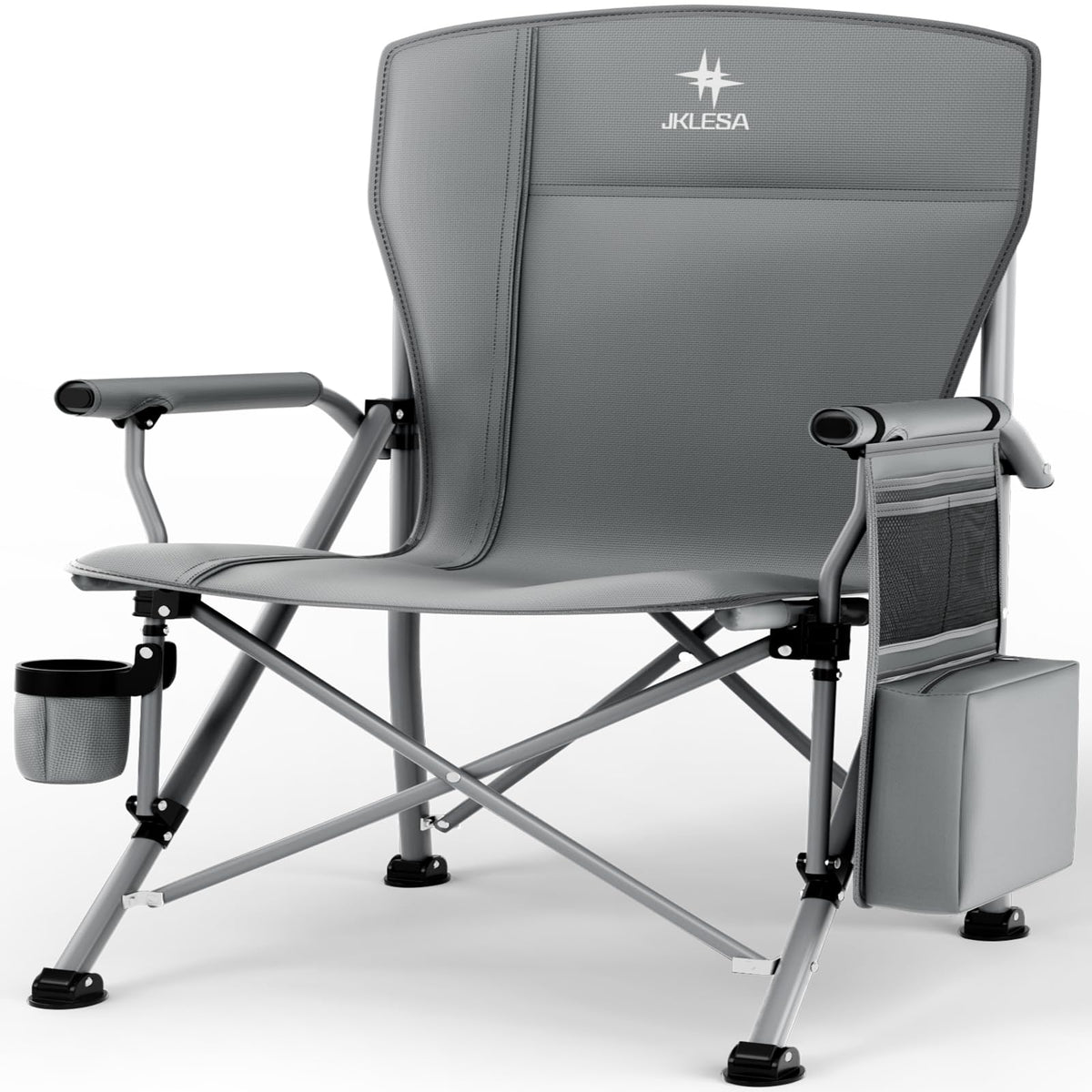 JKLESA XL camping chair front angle shows robust frame and 396lb capacity for reliable all-day seating.