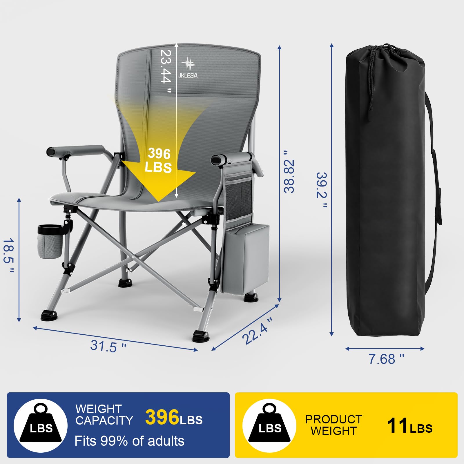 JKLESA XL camping chair side view highlights padded 2-inch cushion and comfort-fit seating.