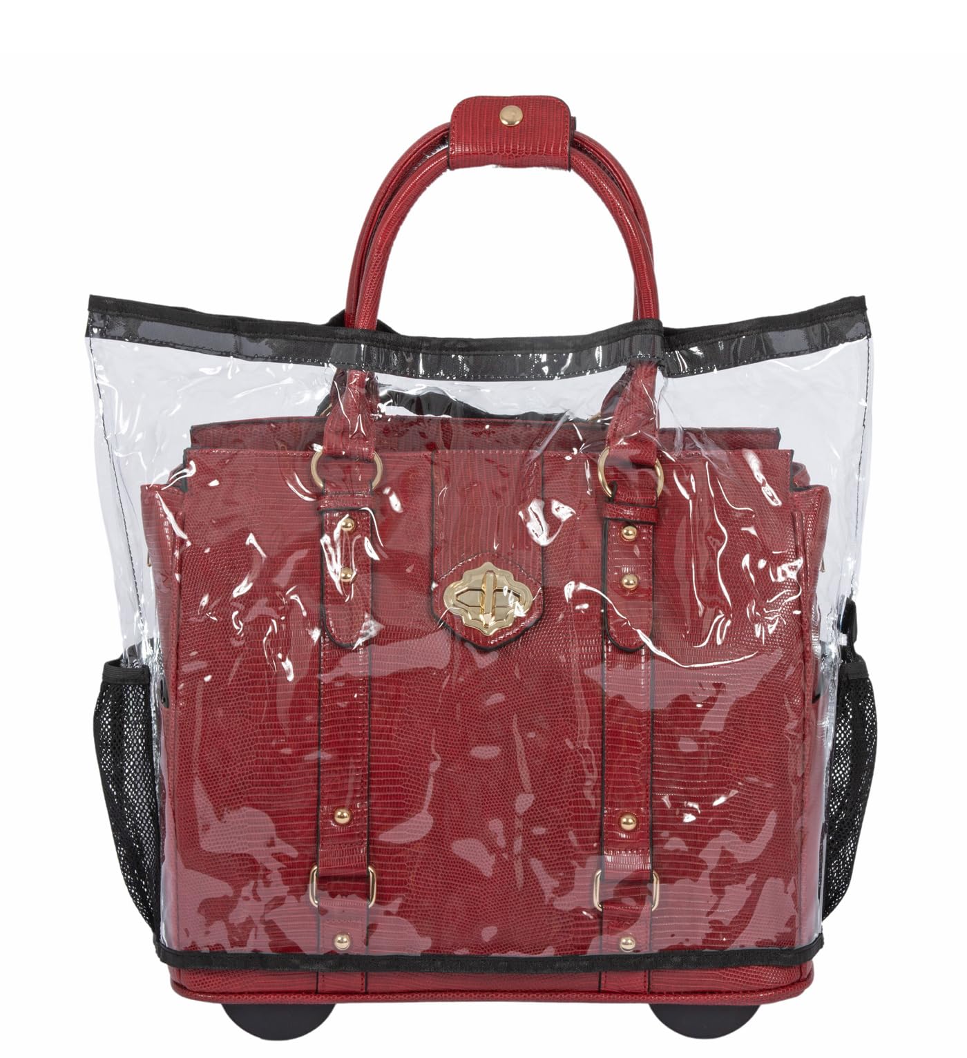 JKM & Company rain cover on standard rolling bag protects gear from rain