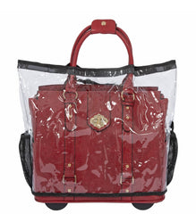 JKM & Company rain cover on standard rolling bag protects gear from rain