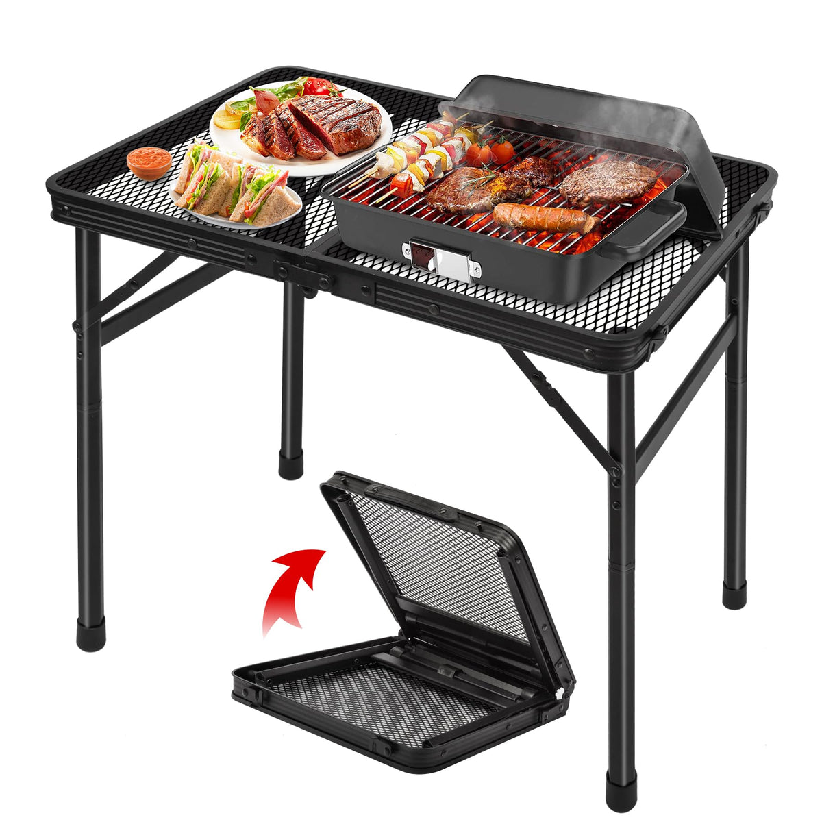 Jkwokback grill table at adjustable height for sitting or standing use