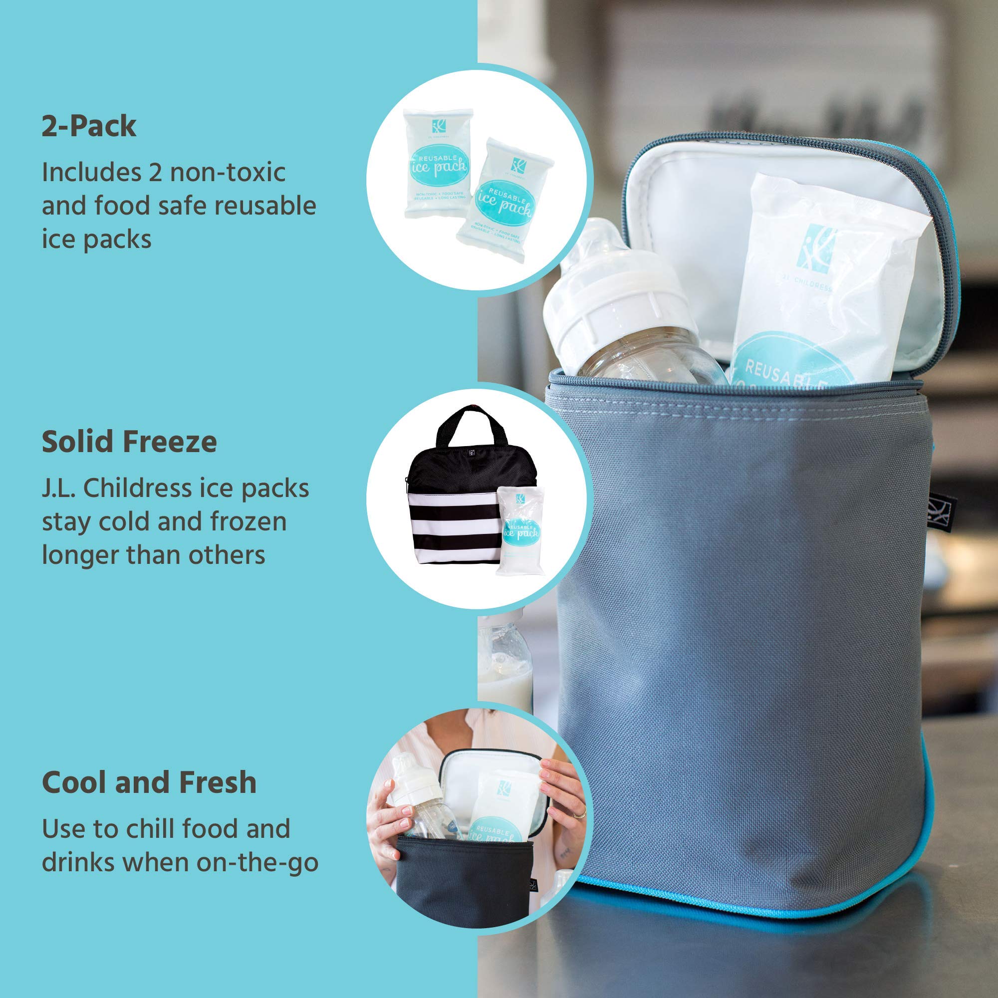 J.L. Childress slim-design ice packs fit in bottle bags and lunch boxes.