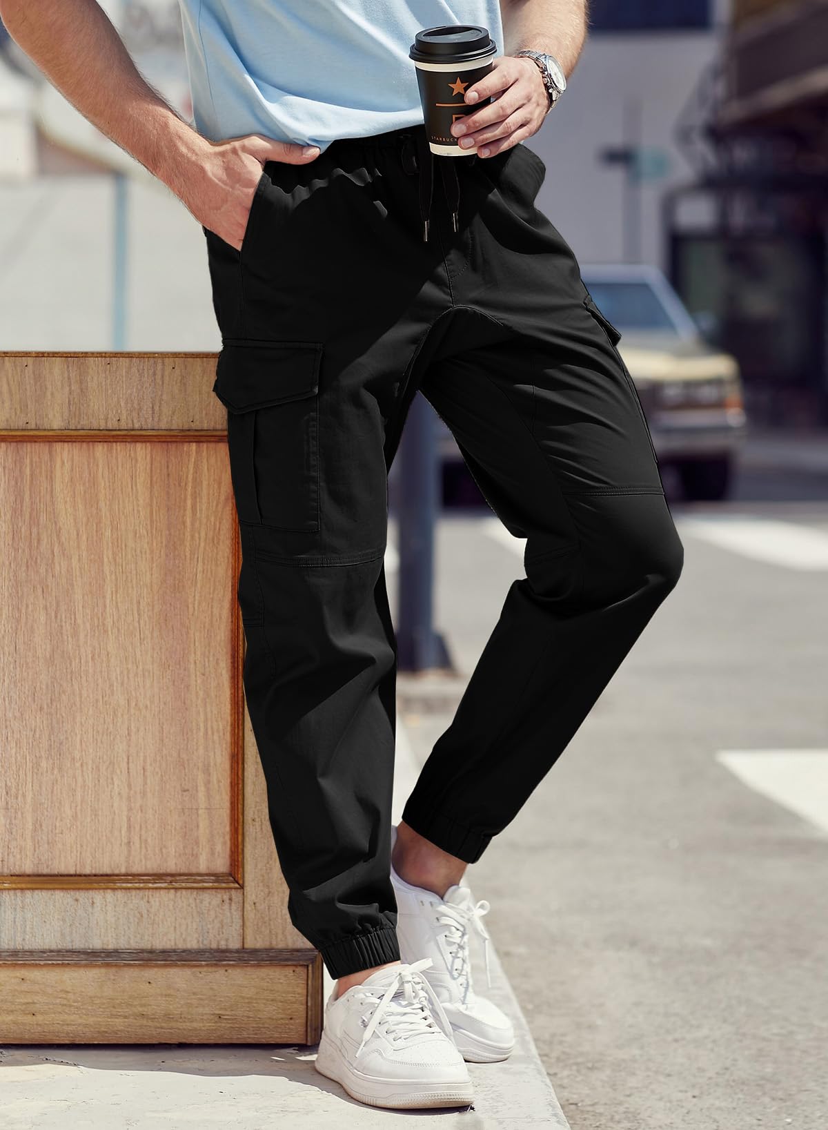 JMIERR men's cargo pants diagonal pocket highlights easy access for phones on runs.