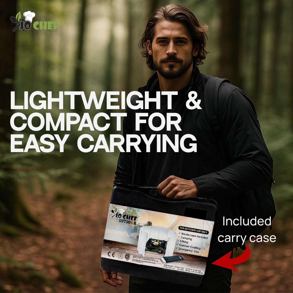 Jo Chef stove in rugged outdoor setting with carrying case