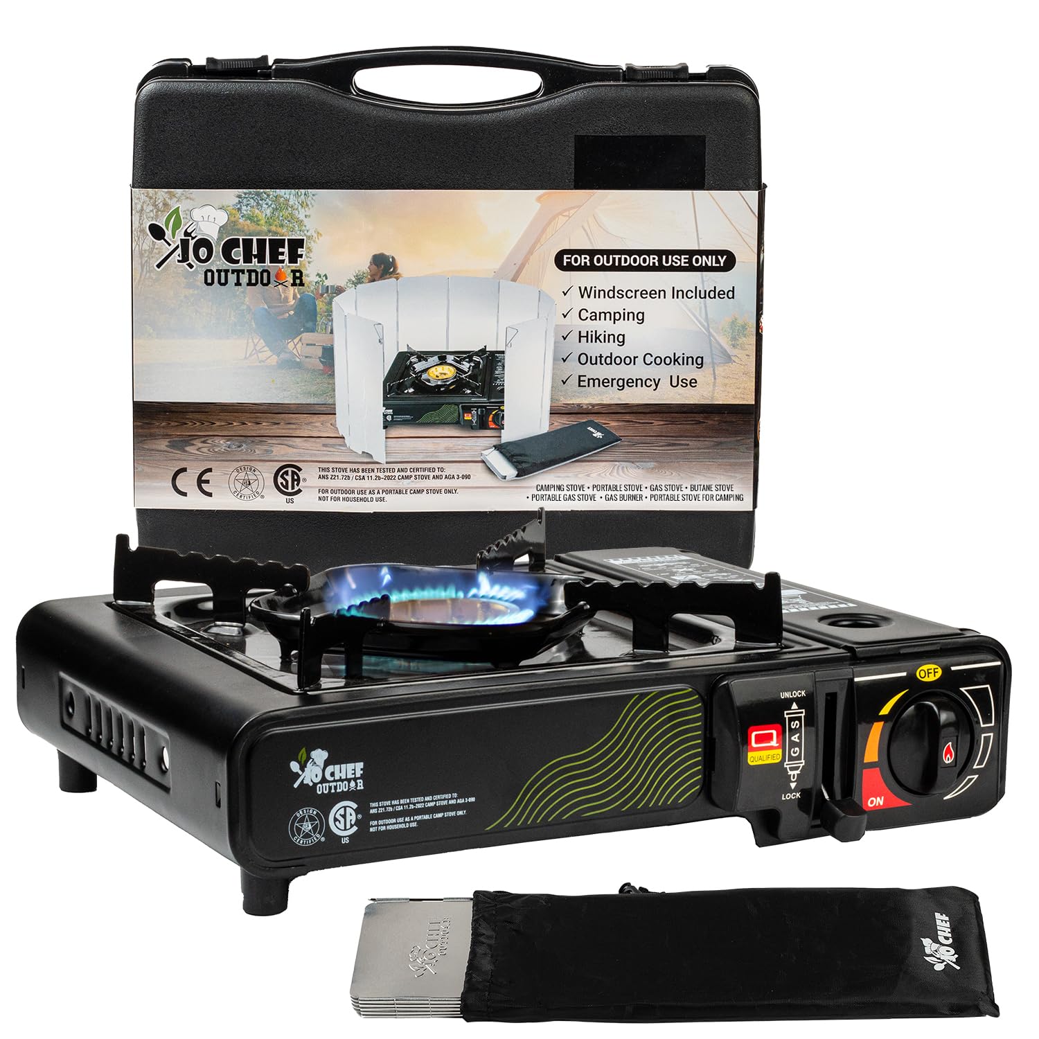 Jo Chef camping stove with windshield delivering a steady outdoor flame for cooking