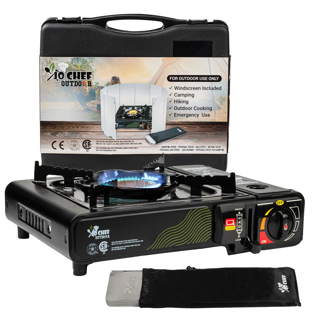 Jo Chef camping stove with windshield delivering a steady outdoor flame for cooking