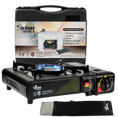 Jo Chef camping stove with windshield delivering a steady outdoor flame for cooking