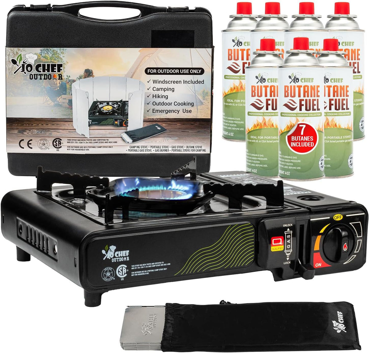 Jo Chef camping stove with windshield maintains steady flame in windy conditions