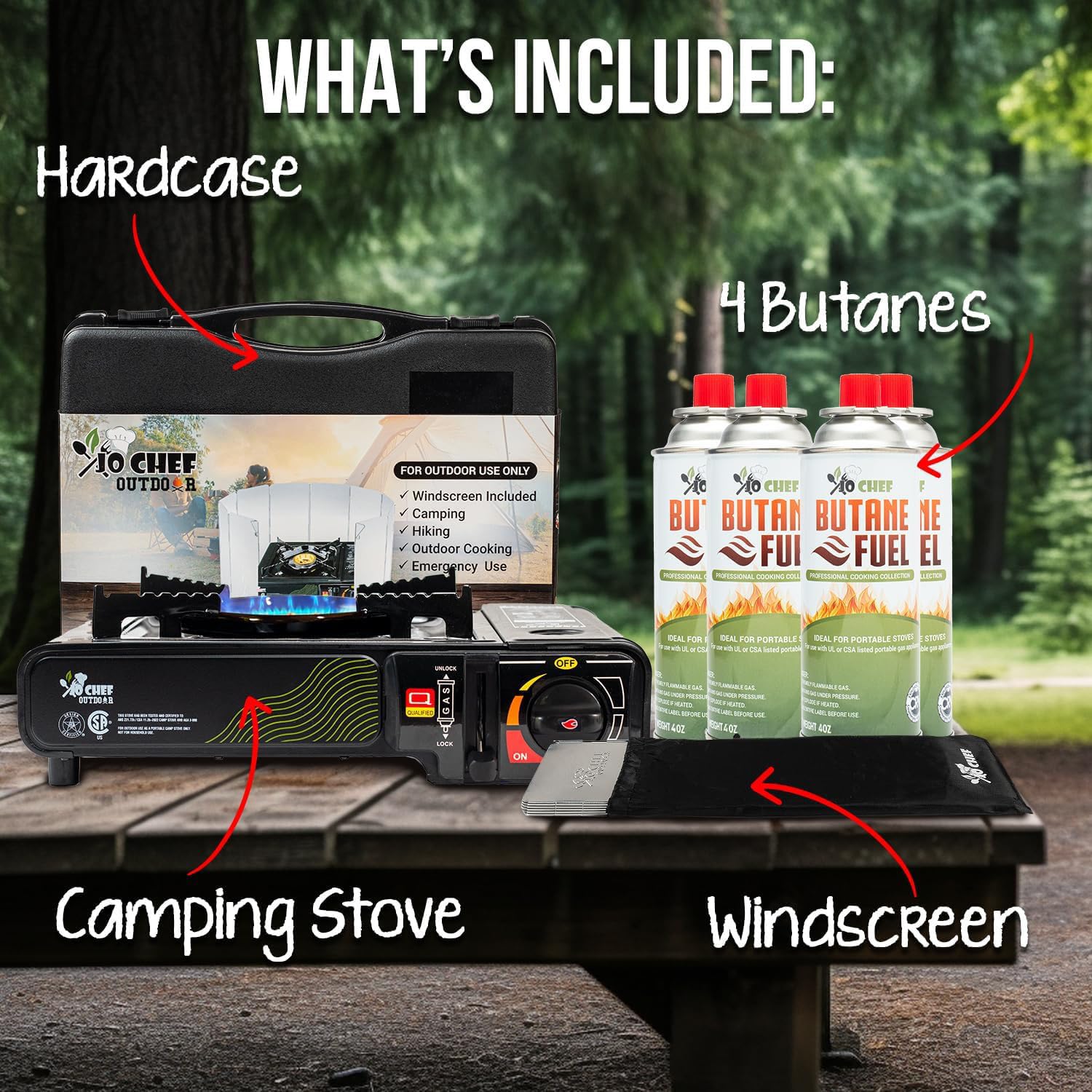 Jo Chef CSA certified camping stove with safety features for outdoor cooking.