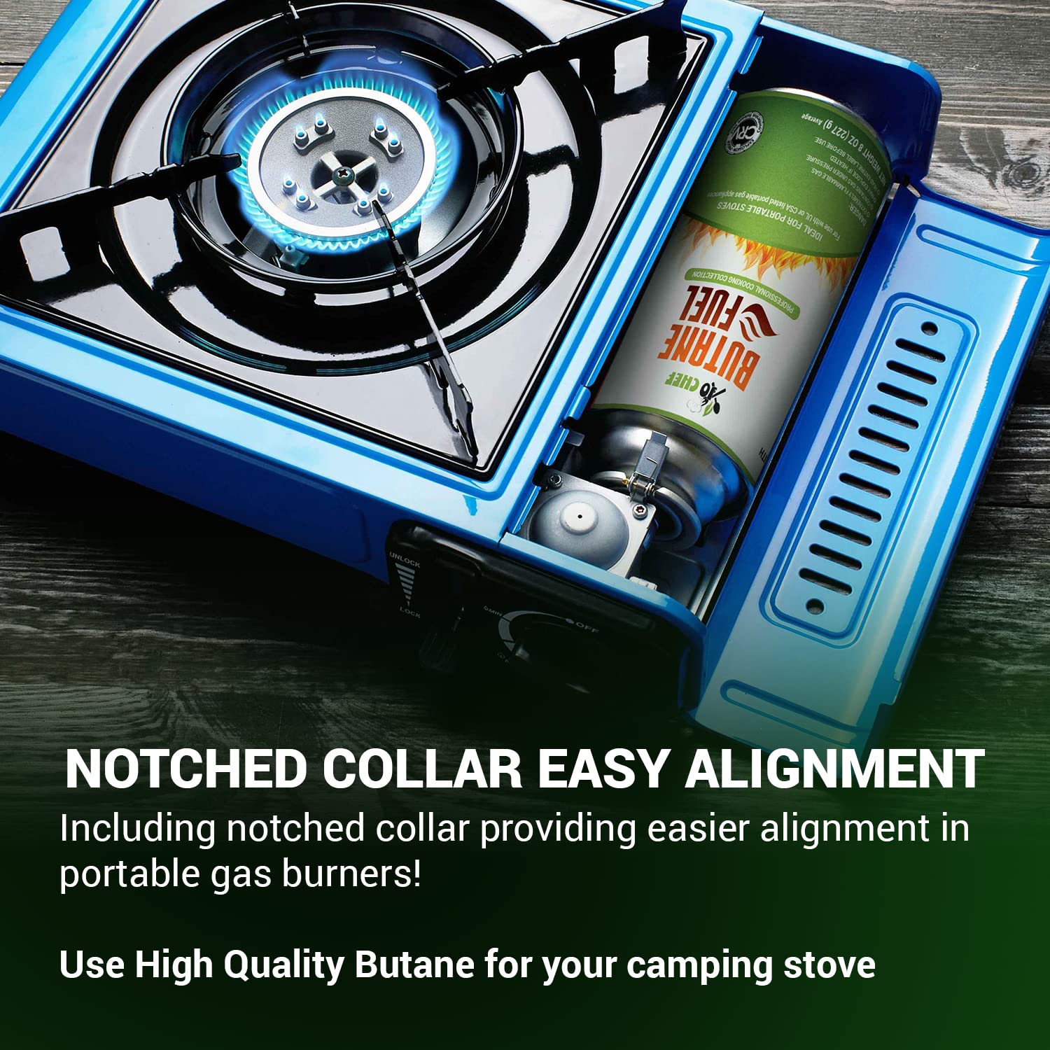 Jo Chef notched collar aids quick alignment with gas burners.