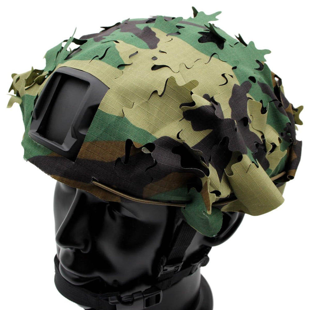 JOAXOR helmet cover with ghillie strap extensions for enhanced concealment in non-permissive environments.