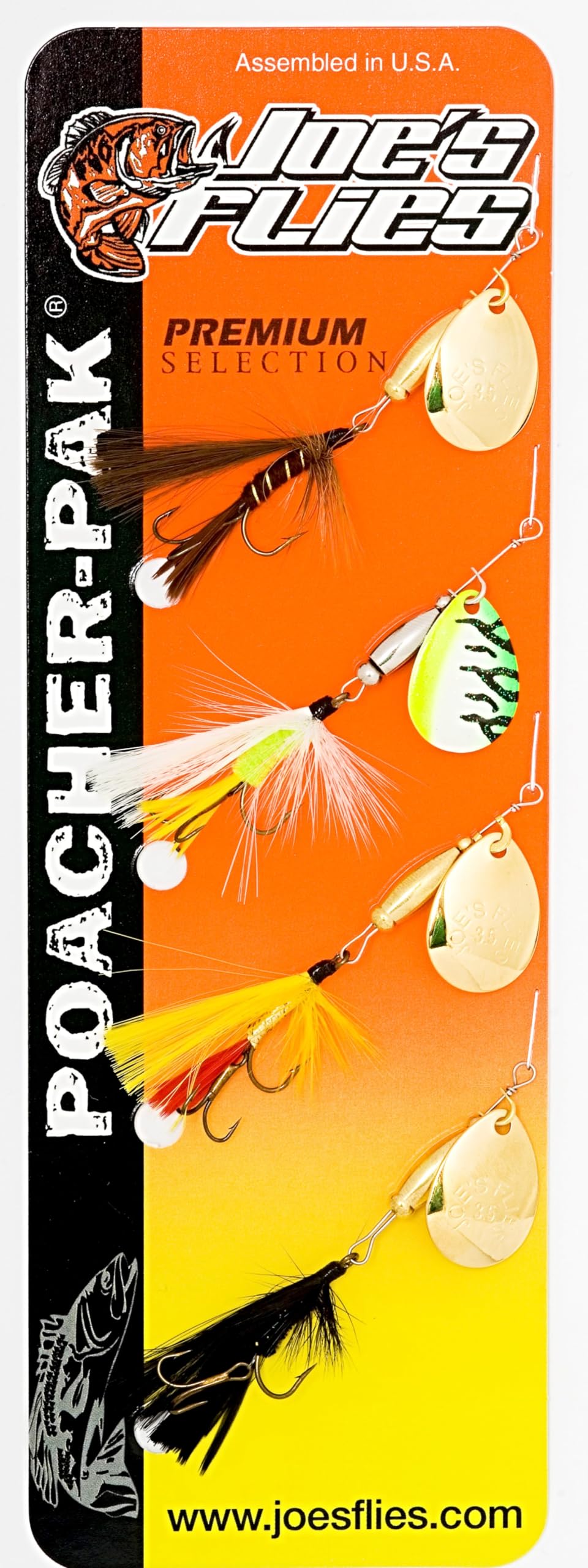 Close-up of Joe's Flies spinner-fly patterns included in the 4-PC 1/4 oz assortment
