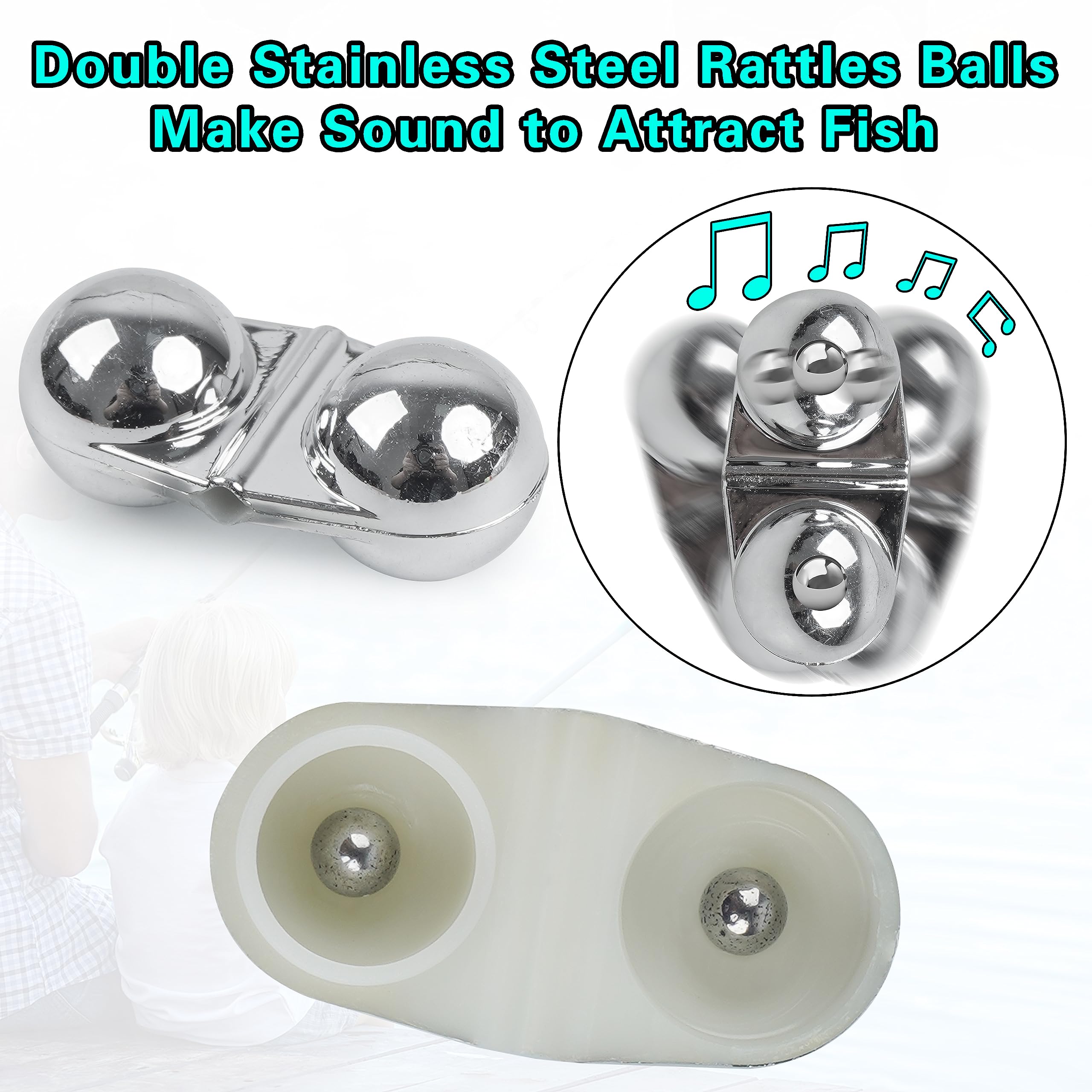 Close up of two stainless steel rattles inside a bead