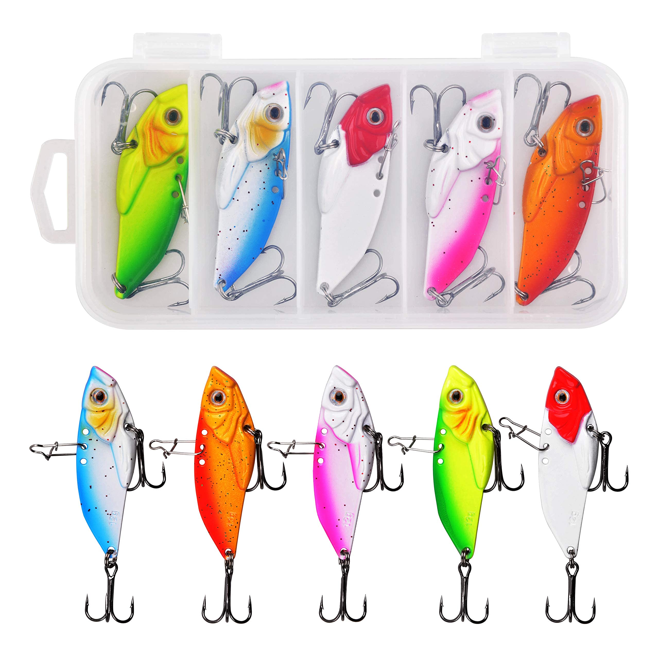 JOGFFDE 5Pcs Fishing Spoon Lures front view showing 5 colors