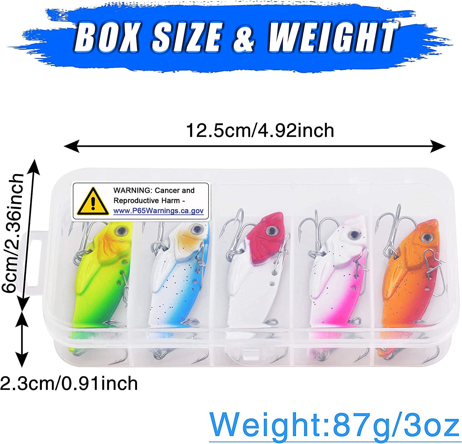 5 lures stored in plastic box