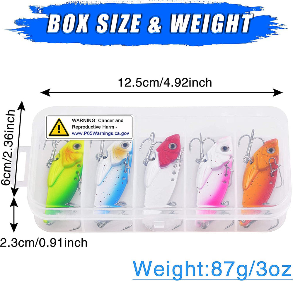 5 lures stored in plastic box