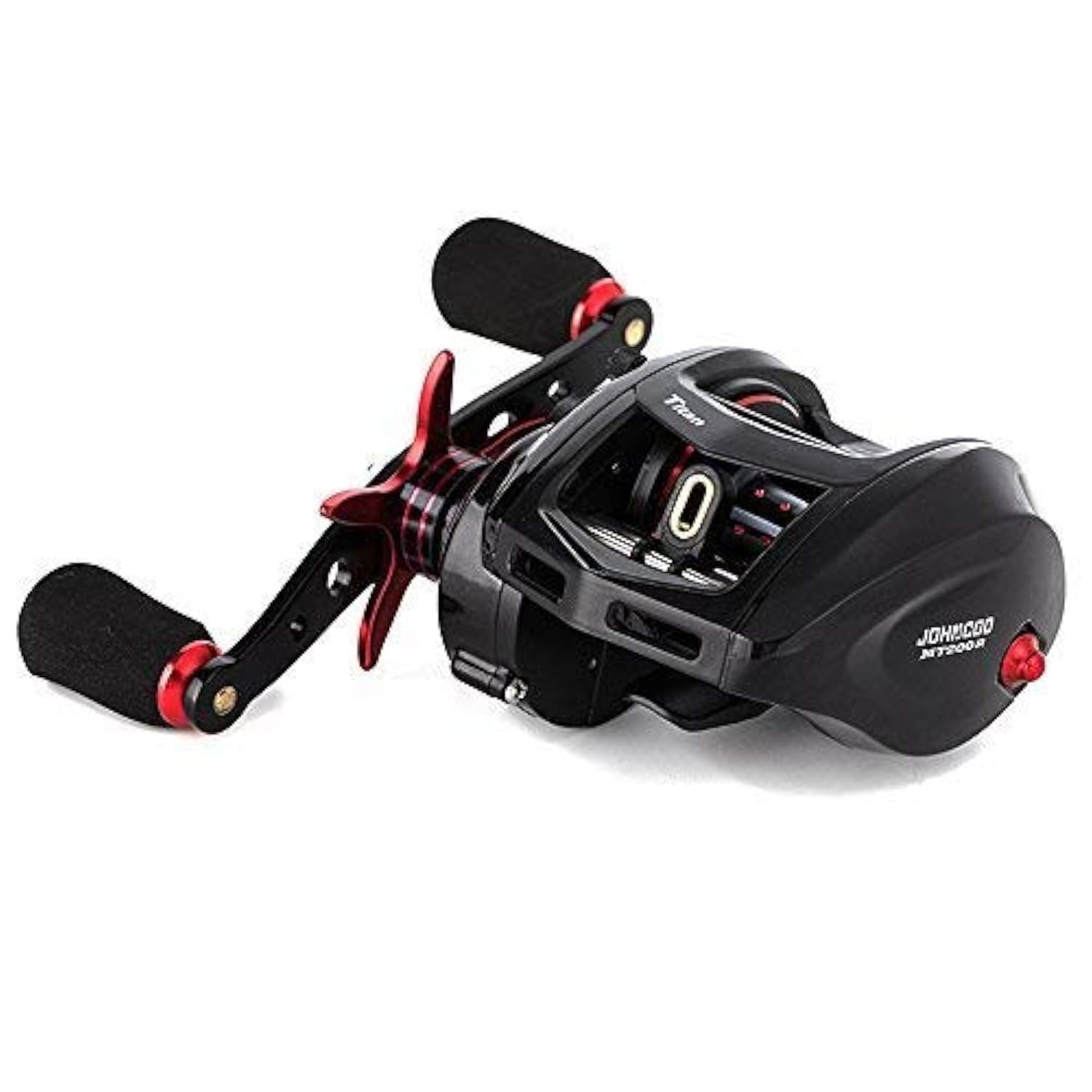 JOHNCOO Titan baitcasting reel front view highlights compact aluminum frame for durable performance.