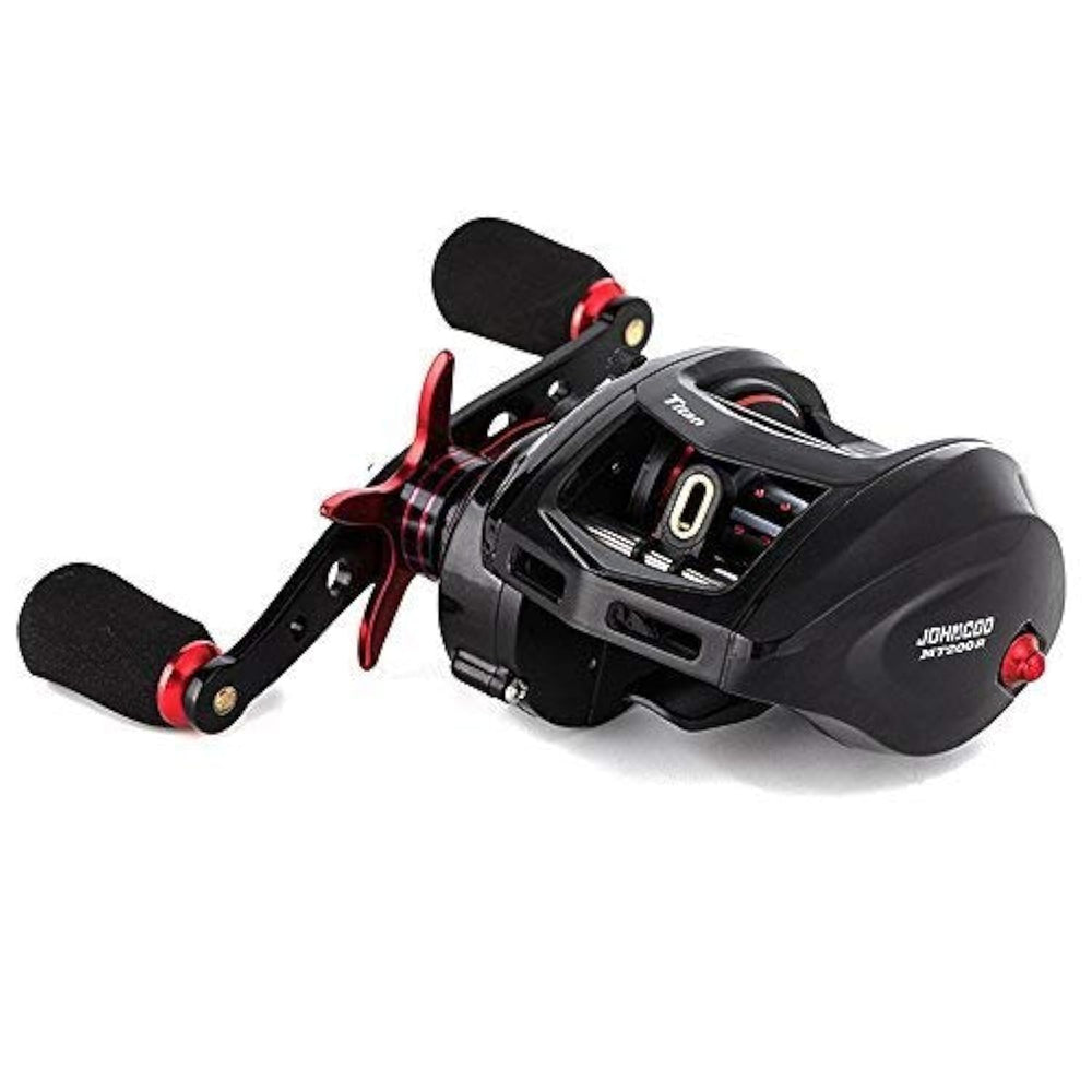 JOHNCOO Titan baitcasting reel front view highlights compact aluminum frame for durable performance.
