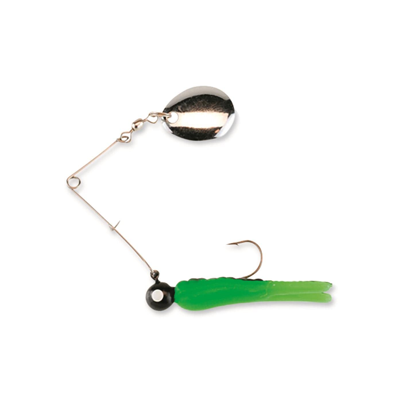 Beetle Spin nickel blade with white body and red dot, side profile
