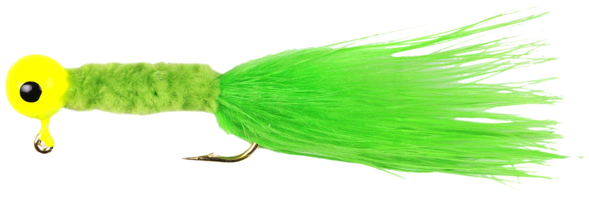 Johnson Berkley Beetle Bou chartreuse 2in lure with lifelike feathers for panfish attraction