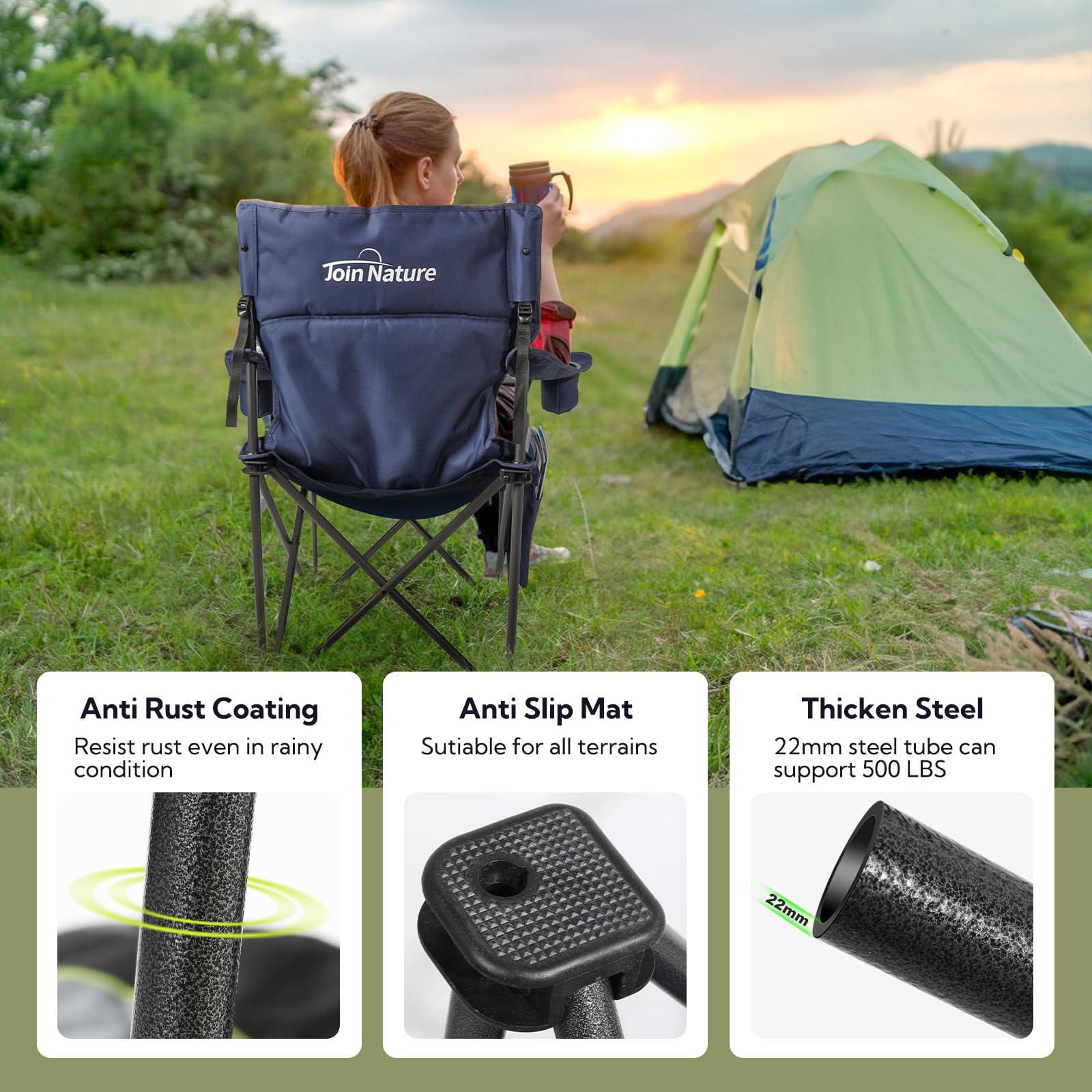 Join Nature heavy-duty steel frame emphasizes stable seating for heavy supplies and long sessions