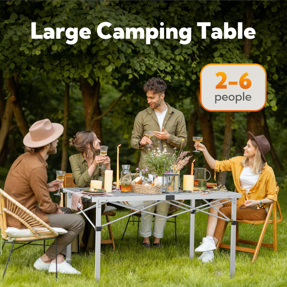 Join Nature large camping table top close-up highlights the aluminum roll-up top.