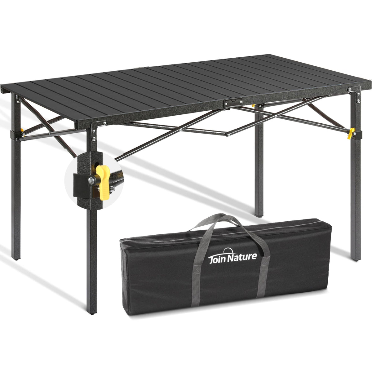 Join Nature portable camping table with aluminum roll-up top for quick outdoor meals.