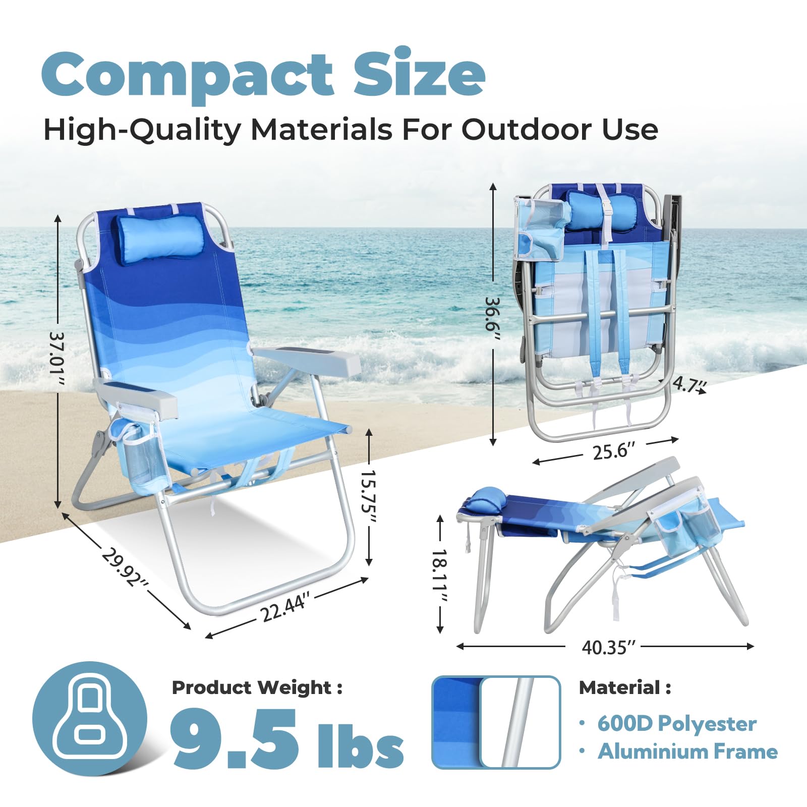 Join Nature Tall Beach Chair Wave Blue 5-position recline demonstrates versatile lounging options.