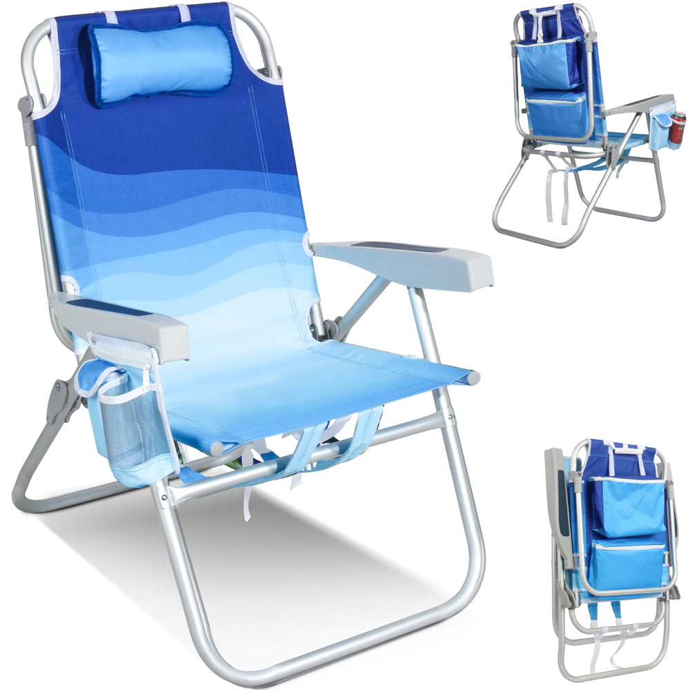 Join Nature Tall Beach Chair Wave Blue front view highlighting elevated seating for easy on/off.